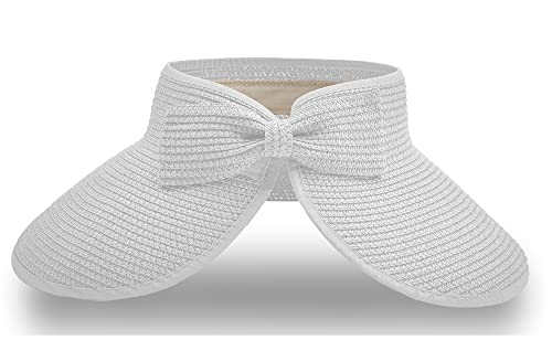 Straw Sun Visor for Women, Wide Brim UPF 50+ Protection Beach Hat, Adjustable, Roll Up Foldable Ponytail Cap with Chin Strap - color: White