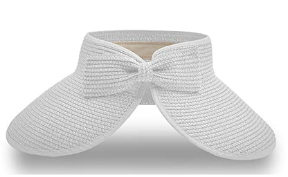 Straw Sun Visor for Women, Wide Brim UPF 50+ Protection Beach Hat, Adjustable, Roll Up Foldable Ponytail Cap with Chin Strap - color: White