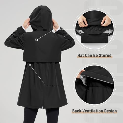 baleaf Women's Long Rain Coat Lightweight Packable Jacket with Hood - color: Black, size: XX-Large