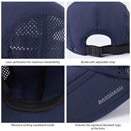 BASSDASH UPF 50+ Fishing Hat, Baseball Cap with Removable Neck Flap - color: Dark Blue With Foldable Brim