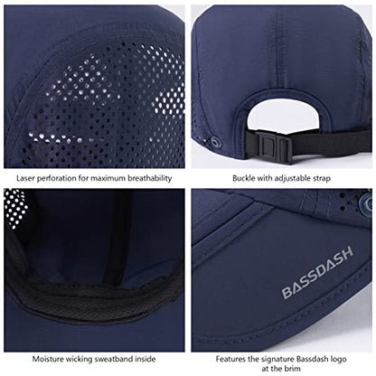 BASSDASH UPF 50+ Fishing Hat, Baseball Cap with Removable Neck Flap - color: Dark Blue With Foldable Brim