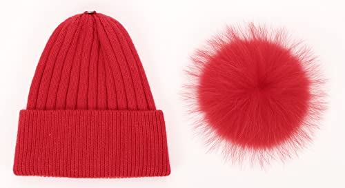 Women Real Fur Pom Pom Winter Ribbed Cuffed Knit Beanie Hat - color: Rc Red
