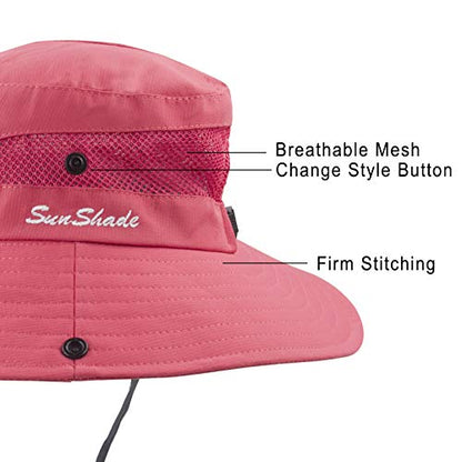 Muryobao Women's Ponytail Sun Hat UV Protection Foldable Mesh Wide Brim Beach Fishing Hat - color: Pure Watermelon Red