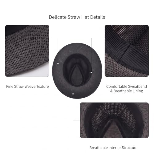 Men Women Summer Fedora Panama Hat Trilby Cuban Paper Straw Sun Hats Wide Brim with Black Band - color: Black, size: Large-X-Large