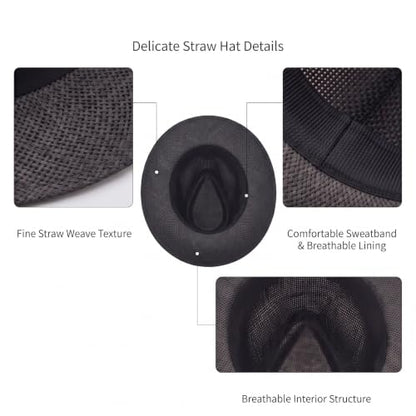 Men Women Summer Fedora Panama Hat Trilby Cuban Paper Straw Sun Hats Wide Brim with Black Band - color: Black, size: Large-X-Large