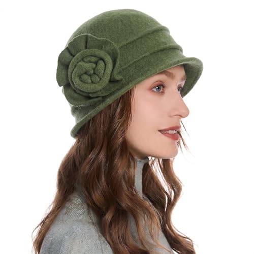 ZLYC Women Wool Cloche Bucket Hat 1920s Vintage Winter Hat with Flower - color: Floral Green