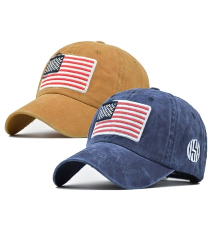 2-Pack USA Flag Hats for Men Baseball American Flag Hats for Men USA Cap USA Tactical Washed for Women - color: Yellow+nany