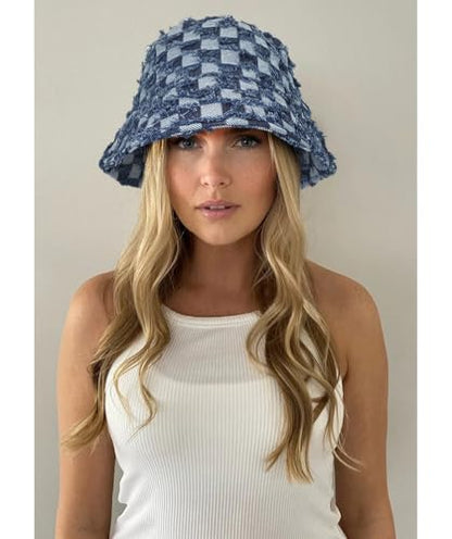 Women's Washed Cotton Bucket Hat Cowboy Checkerboard Fishermen Hat - color: Dark Blue