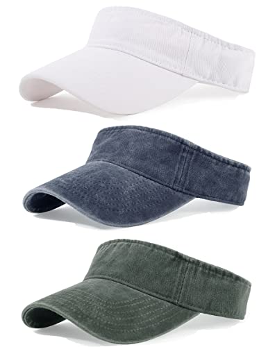 3 Pack Sun Visors for Women Men Cooling Lightweight Sports Sun Hats Adjustable Twill Cotton Run Visor - color: White-navy-green, size: One Size