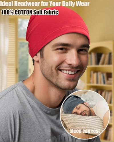 100% T-Shirt Cotton Slouchy Beanie Women Men,Lightweight Chemo Hat - color: Red(2-layer)