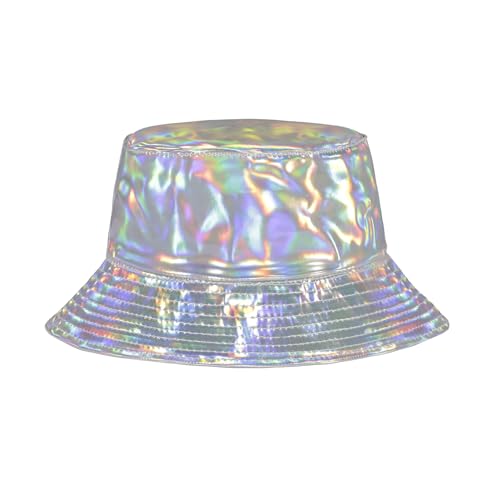 MILAKOO Rave Hologram Metallic Bucket Hat Reversible Cap Reflective Waterproof Rain Fisherman Hat - color: B: Silver