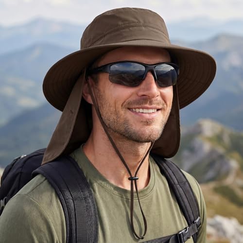 Connectyle Wide Brim Sun Hat for Men Women UPF 50+ Breathable Fishing Hat with Neck Flap Outdoor Hiking Safari Bucket Hats - color: Army Green