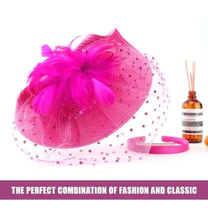 DRESHOW Fascinators Hat Flower Mesh Feathers Hat with a Headband and a Clip 7.9" Tea Party Headwear for Women - color: Folded Style 1: Rose Red / 7.9"