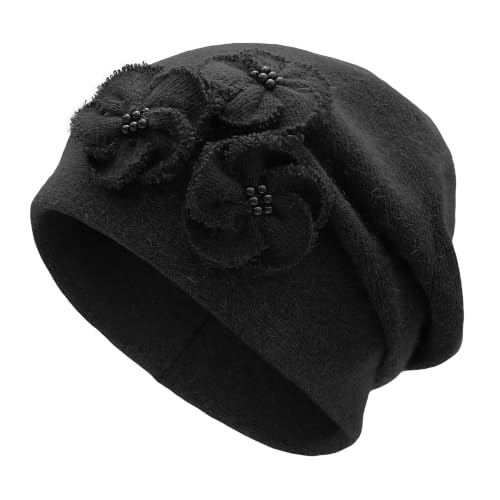 ZLYC Women Floral Slouchy Beanie Hat Double Layer Winter Knit Skull Cap - color: Solid Black