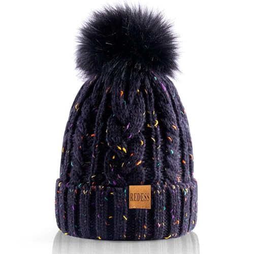 REDESS Women Winter Pompom Beanie Hat with Warm Fleece Lined Thick Slouchy Snow Knit Hat Skull Ski Cap - color: Dot Black