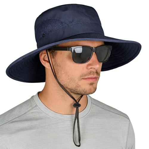 ZOORON Sun Hats for Men Women, Wide Brim Safari Hats UV Protection UPF50+ Waterproof Boonie Hats for Fishing Hiking Camping - color: 1pack-navy