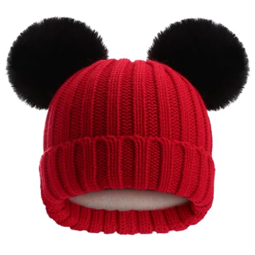 Toddler Winter Knit Hat Upgrade Fleece Lined Pompom Ears Beanies Cap for Boys Girls 3-12 Years - color: Red Black