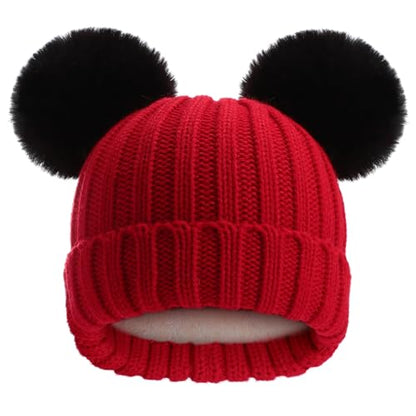 Toddler Winter Knit Hat Upgrade Fleece Lined Pompom Ears Beanies Cap for Boys Girls 3-12 Years - color: Red Black