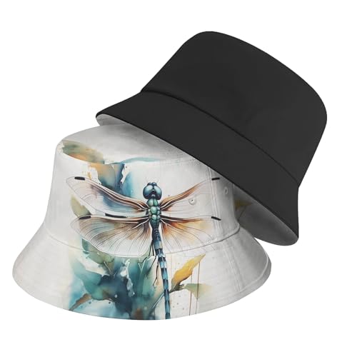 Amasnay Funny Bucket Hat Cotton Double-Side-Wear Reversible Sun Hat for Women Men, Summer Vacation Travel Beach Fisherman Hat - color: Dragonfly