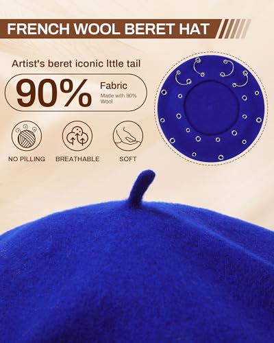 AWAYTR Punk Beret Hat for Women - 90% Wool Blend Goth Alt French Cap - color: Royal Blue