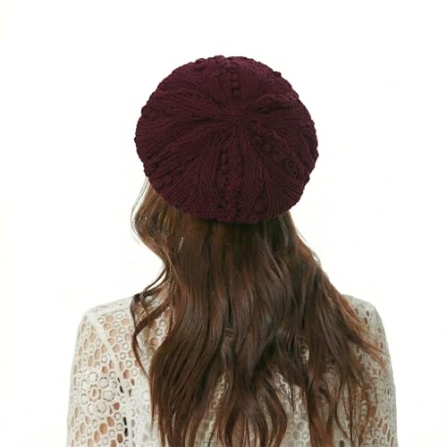 ZLYC Women Cotton Slouchy Crochet Beret Handmade Cutout Floral Beanie Hat - color: Knit Burgundy