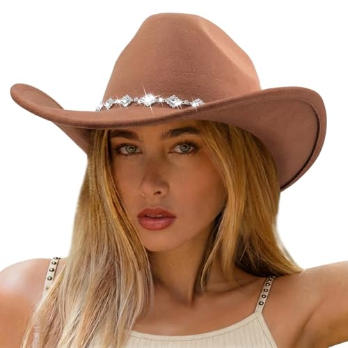 DRESHOW Women's Western Cowboy Hat Rhinestone Cowboy Cowgirl Hat Glitter Wide Brim Felt Fedora Hats Unisex Rolled up Caps - color: 1 Pack Style 11: Khaki