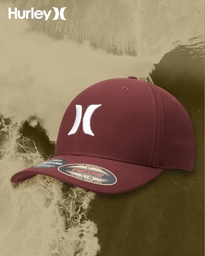 Hurley Mens Baseball Cap Curved Brim Moisture Wicking Flexfit Fitted Hats - color: Burgundy, size: Large