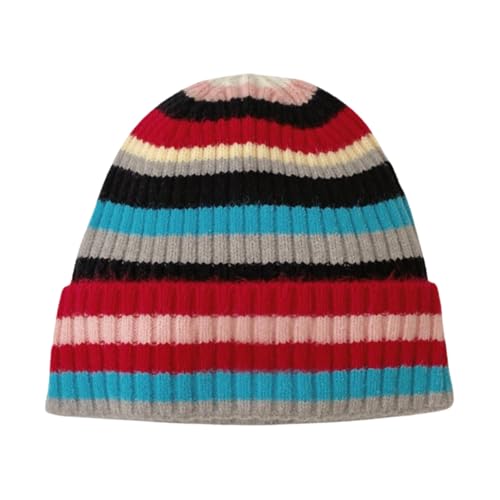 Colorful Striped Beanie Cuffed Winter Soft Rib Knit Hat for Women Men Gift - color: Black