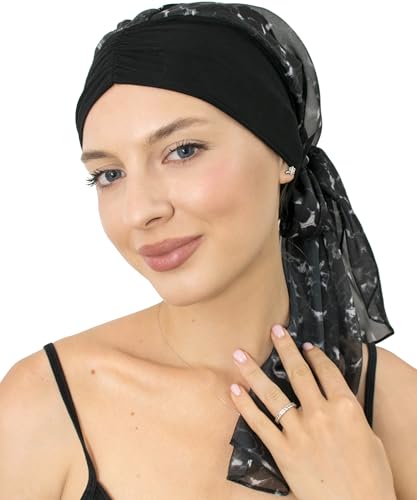 CAPLORD Chemo Headwrap for Women Turban Headwear for Cancer Patients Skull Cap Hair Loss Cover Lightweight Head Covering Hat - color: Black Subtle White