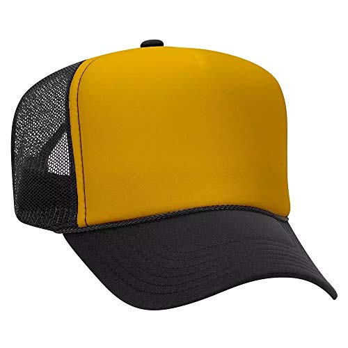 Ashen Fane Polyester Foam Front 5 Panel High Crown Mesh Back Trucker Hat - color: Blk/Gld/Blk