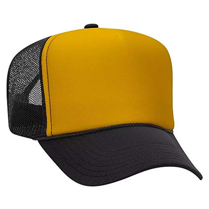 Ashen Fane Polyester Foam Front 5 Panel High Crown Mesh Back Trucker Hat - color: Blk/Gld/Blk