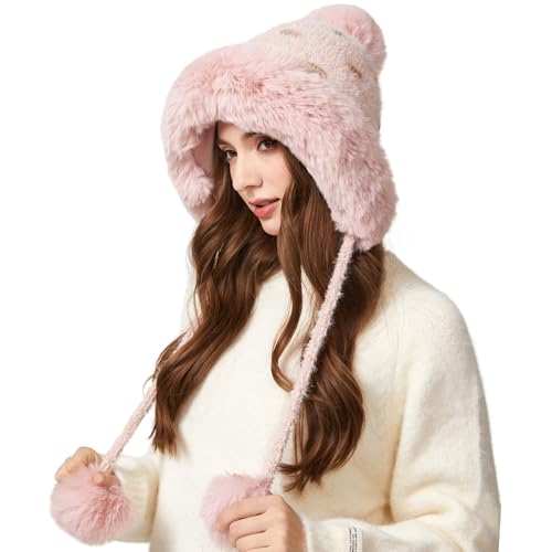 Women Winter Sherpa Beanie Hats Knit Ear Flap Hat Fleece Lined - color: Pink With 3 Pompoms