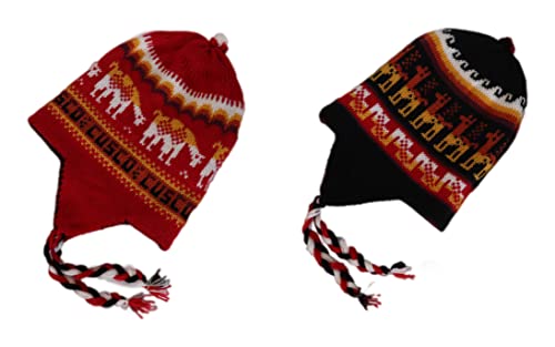 Alpaca Wool Blend Winter Hat Chullo Inca Peruvian Design Reversible with Earflaps. Beanie Medium Size. Unisex - color: Red/Black