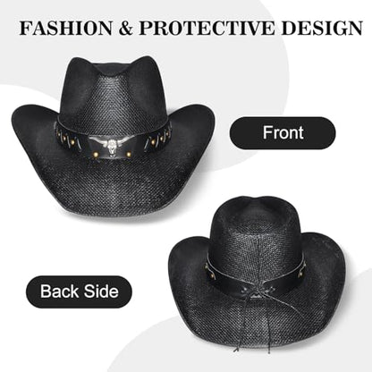 Black Straw Cowboy Hat Western with Bracelet Decorative Bands and Bandana, Hat Size Fits 22.04 to 22.83, Wide Brim, Stylish & Durable Cowboy Hat - Unisex Western Hat for All Occasions
