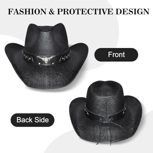 Black Straw Cowboy Hat Western with Bracelet Decorative Bands and Bandana, Hat Size Fits 22.04 to 22.83, Wide Brim, Stylish & Durable Cowboy Hat - Unisex Western Hat for All Occasions