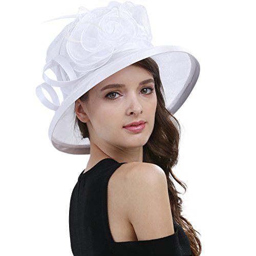 Womens Church Derby Wide Brim Sun Hat Girl Tea Party Headwear Bridal Wedding Fascinator - color: White