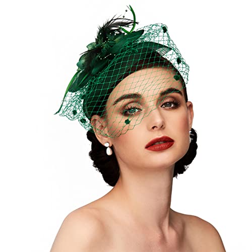 Tea Party Hat Fascinators Hats for Women Vintage Lace Mesh Floral Feather Hair Clip Headband with Veil for Church Wedding - color: Green