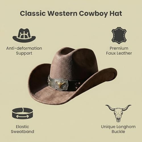 Cowboy Hat for Men Women – Microfiber Faux Leather Western Hat, Medium Size (21.5-22.5 Inch Head Circumference) - color: Prh-brown-l