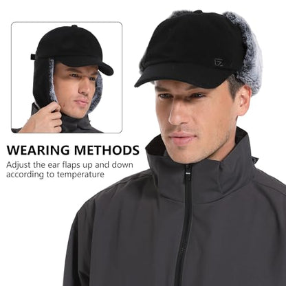 GADIEMKENSD Unisex Winter Wool Baseball Cap with Faux Fur Lined Ear Flaps, Trapper Hat with Reflective Line - color: Grey