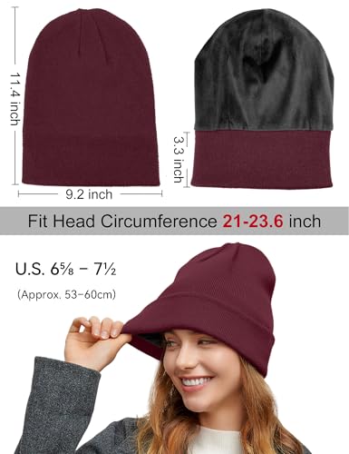 Fleece Lined Wool Beanie Hat Men Women, Warm Cuffed Winter Cap - color: Winered