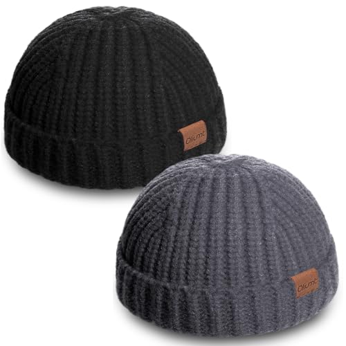 Fisherman Short Beanie Hats for Men, Knit Skull Cap Cuff Trawler Hat Mens Stylish Watch Cap Winter Warm Hat for Daily Wear - color: Black, Grey