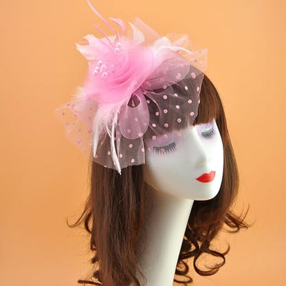 WLBON Fascinators Hat 20s 50s Headband Hair Clips Flower Mesh Veil Feather Headpiece Headwear Women Halloween Carnival Cocktail Wedding Church Cosplay Dress Up Birthday Tea Party Accessories Pink - color: Pink Tone