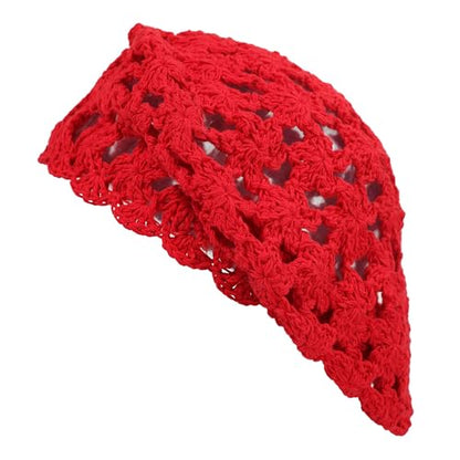 ZLYC Women Cotton Slouchy Crochet Beret Handmade Cutout Floral Beanie Hat - color: Red