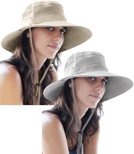 GearTOP Safari Hat for Men Sun Hats for Women UV Protection UPF 50+ Fishing, Gardening, Hiking Hat (22-23 1/2") - color: Light Grey & Beige Standard 2 Pack