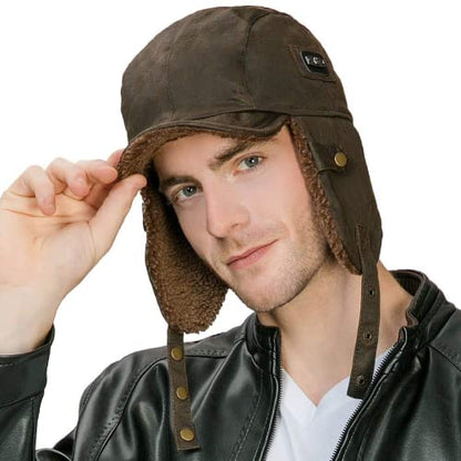 Comhats Aviator Hat Faux Leather Pilot Cap Oversize Adult Men Winter Trapper Hunting Hat 56-66CM - color: Brown, size: X-Large