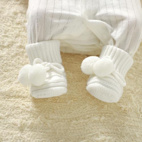 Baby Hats and Booties Set Newborn Knit Pompom Beanie Caps Shoes Winter - color: White