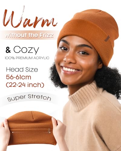 FURTALK Satin Lined Beanie for Women Men Knit Beanie Hat Acrylic Winter Hats Warm Slouchy Skull Cap - color: Caramel