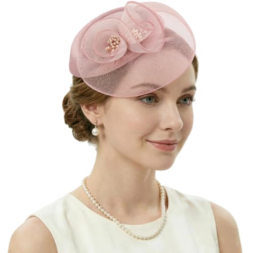 DRESHOW Fascinator Hats for Women Cocktail Tea Party Hat Netted Pillbox Hat Vintage Derby Hats for Bridal Wedding - color: Pillbox Hat: Nude Pink