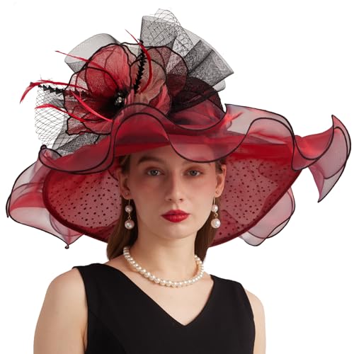 Women Elegant Organza Derby Hat Wide Brim Sun Hats for Wedding Tea Party Fascinator Hat - color: Dark Red
