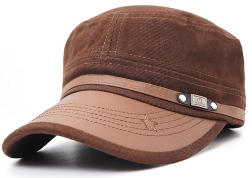 Flat Top Cap for Men Soft Cotton Adjustable Military - color: Coffee